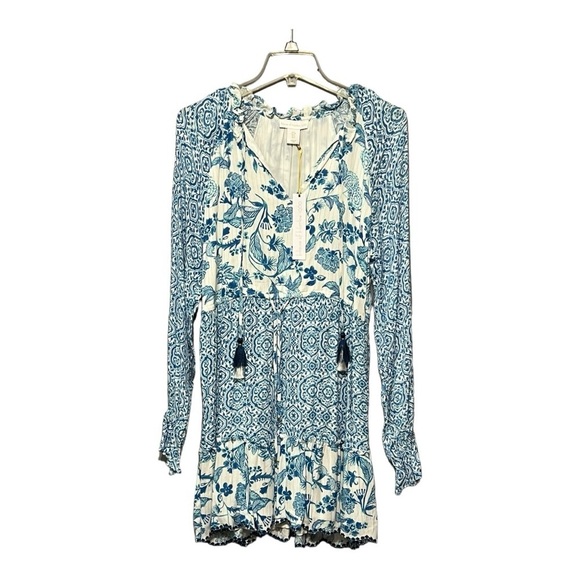 House of Harlow 1960 Floral Print Tassel Tie Dress V-Neck Long Sleeve Boho Mini - Picture 1 of 15